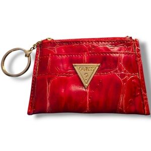 Guess Red Card Wallet / Coin Purse • Croc‑Embossed • Triangle Logo • Zip Closure